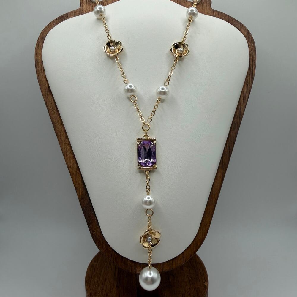GUESS NWT Purple Crystal Pearl Lariat Necklace Gold Tone Floral Y Necklace